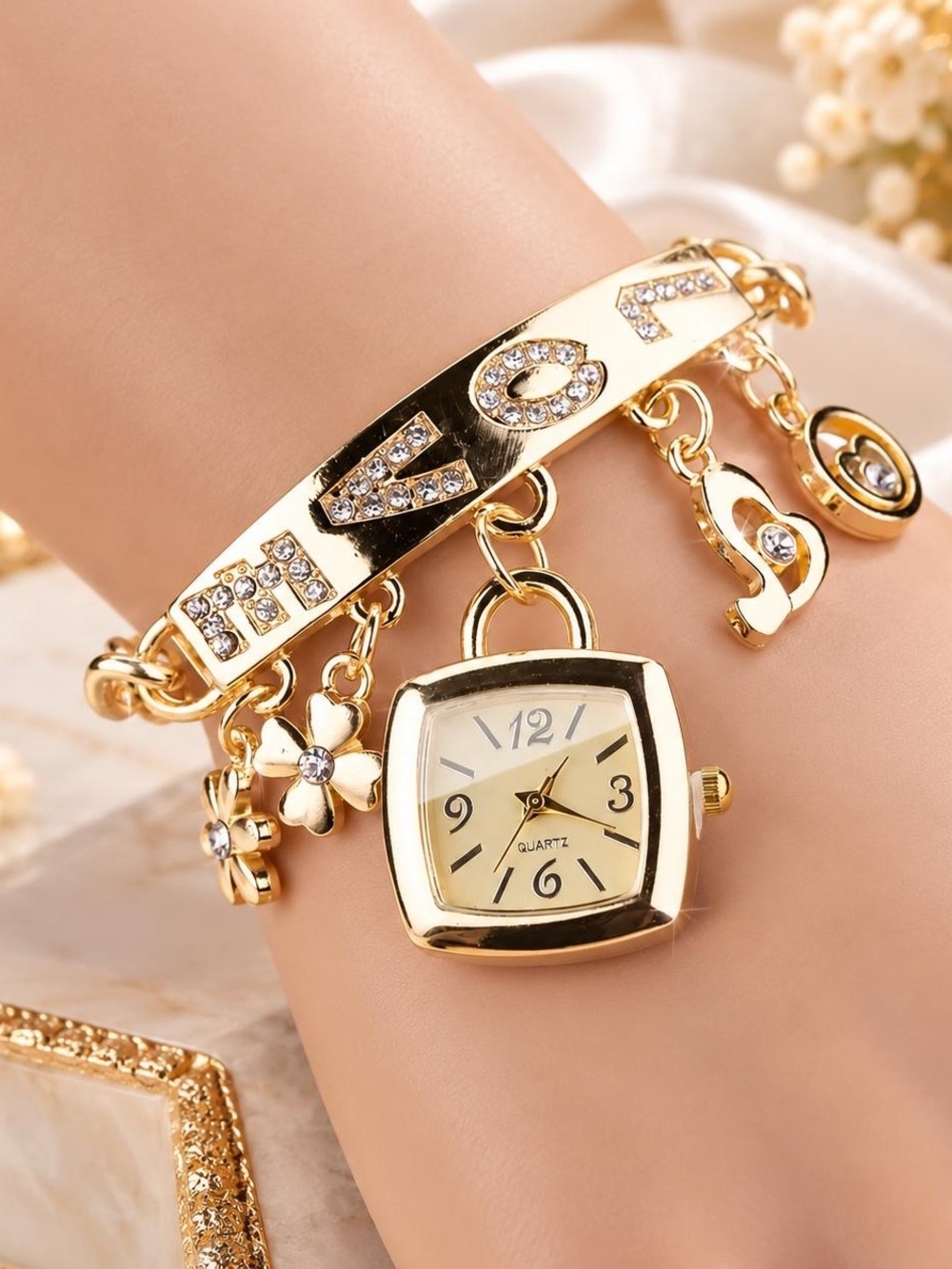 Gold Charm Bracelet Watch with Crystal Accents - Women's Accessories